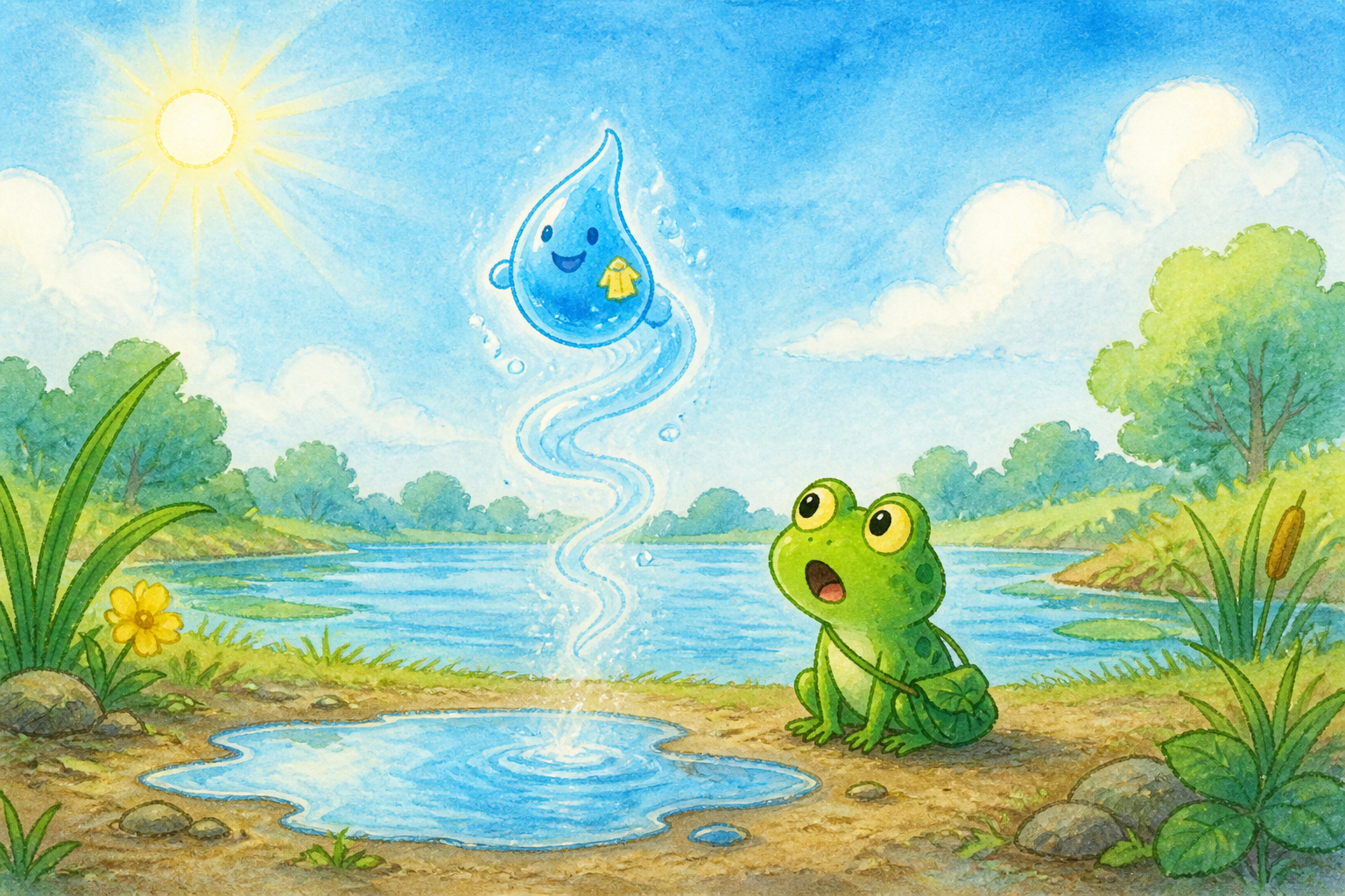 Sunny pond-side puddle with Pip watching Drip begin to rise